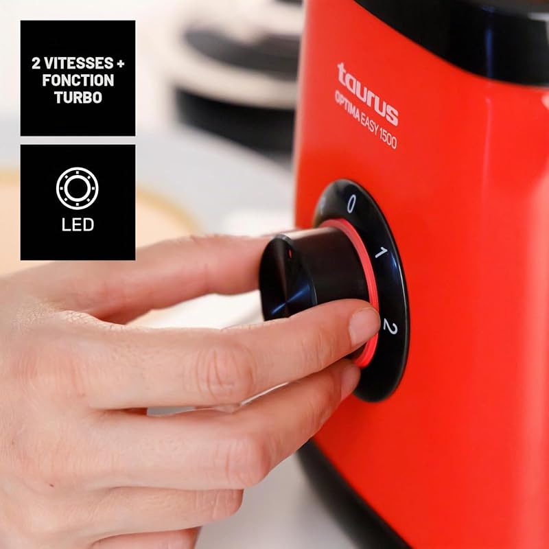 Optima Easy Mixeur en verre 1 500 W avec bol en Tritan 1,5 l 2 vitesses + Turbo Lames à 4 tranchants Processeur alimentaire professionnel Blender mixeur smoothies et smoothies