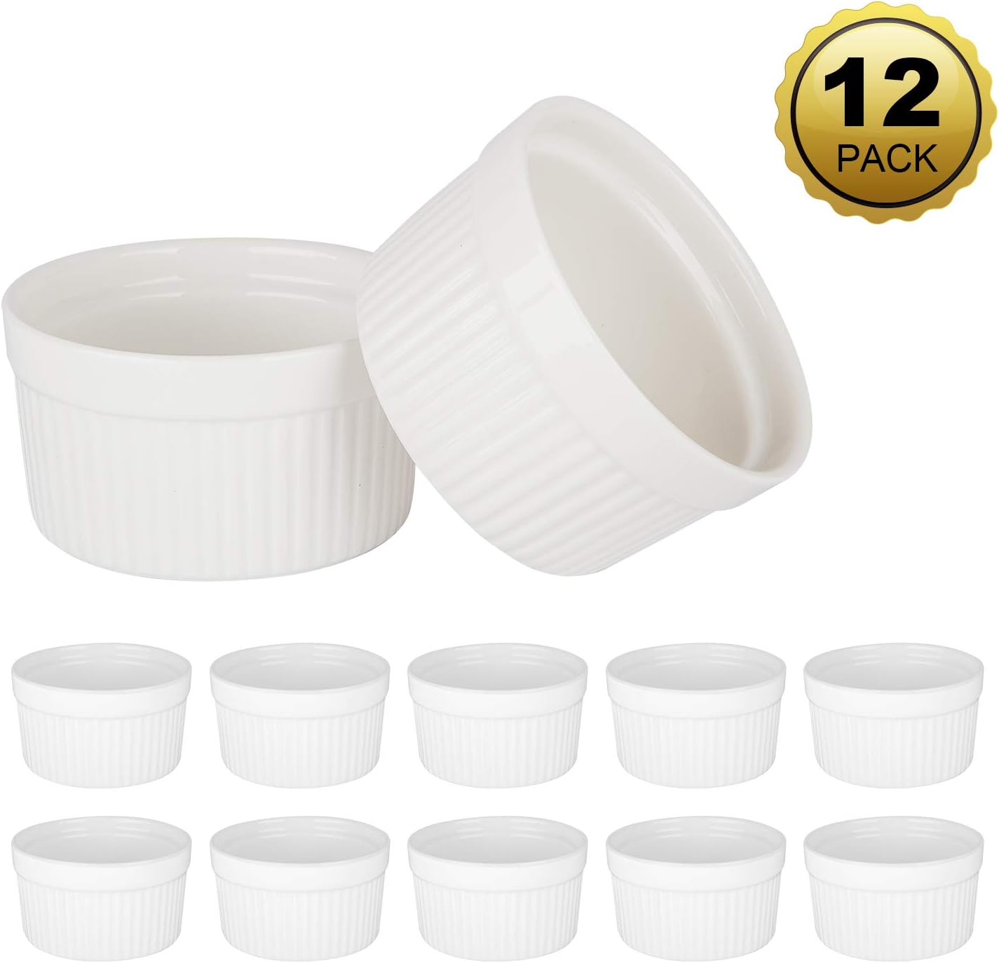 6 Ounce Porcelain Souffle Dishes, Ramekins For baking, Creme Brulee Dishes, Ceramic Pudding Cup For Jams, Ice Cream and Desserts, Pure White, Set of 12