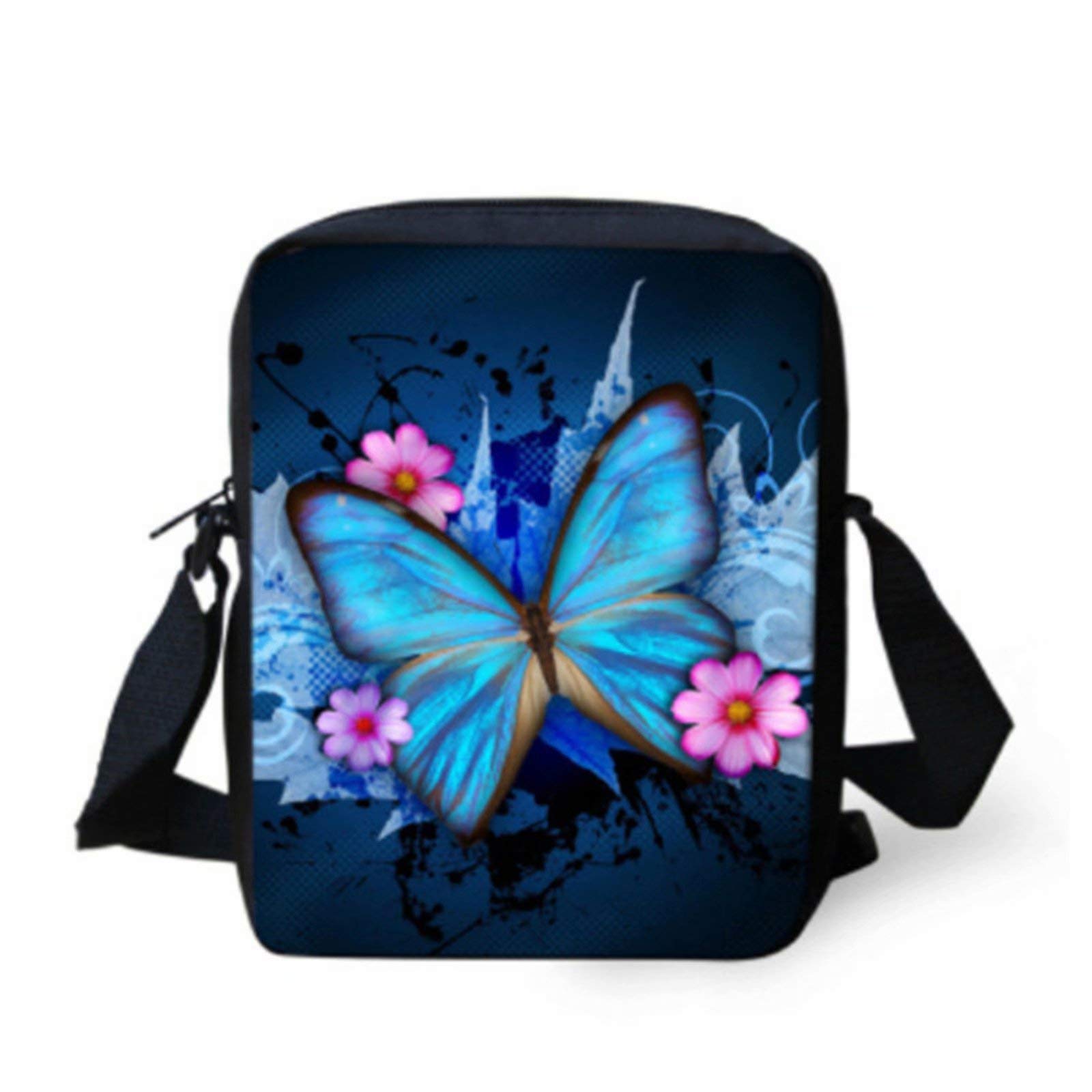 MODEGA Girls Crossbody Bag for Women Casual Shoulder Handbag Small Sling Purse for Kids Children Totebags, Blue Butterfly Messenger Bags, Lady Outdoor Portable Cross Body