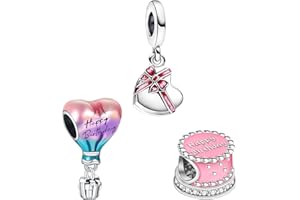 Doyafer 925 Sterling Silver Charm Set Birthday cake, Animals, Travel, Flowers, Rose gold Pendant Beads Fit Women Bracelets Necklace Gift 3-Piece/Package