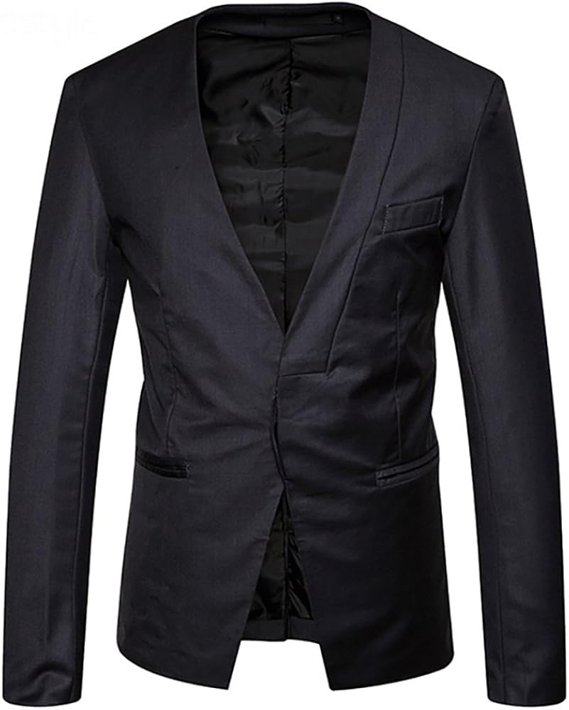 Cloudstyle Mens Slim Fit Suit One Button Casual Suit Jacket Collarless