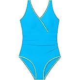 BAVADER Girls Swimsuit Solid One Piece Swimsuit Adjustable Strap Bathing Suit Ruched Modest Swimwear with Contrast Trim 9-16y