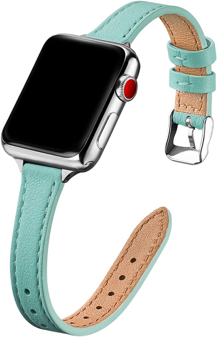 SUNFWR Compatible with Apple Watch Strap 38mm 40mm 41mm,Genuine Leather Strap Replacement,Slim&Thin Wristband for iwatch Series 7/6/5/4/3/2/1,SE(38mm 40mm 41mm,Tiffany blue&Silve)