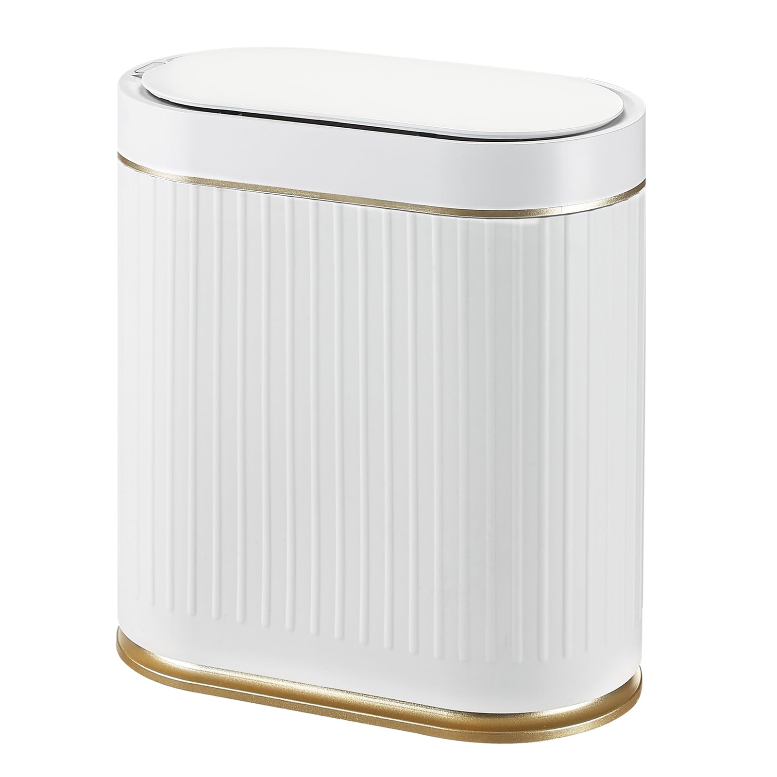 Photo 1 of ELPHECO Bathroom Trash Can with Lid 2 Gallon Motion Sensor Garbage Can 7.5 Liter Small Trash can Touchless Bathroom Decor Waterproof Smart Waste Bin with Stripes for Bedroom, Office (White-Golden)