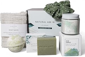 NATURAL AMOR LOS ANGELES Natural Amor Green Spa Gift Set for Women, Peppermint Forest Bath Gift for her,5pc Bath & Body Gift Including Soap Bar, Candle, Bath Bomb