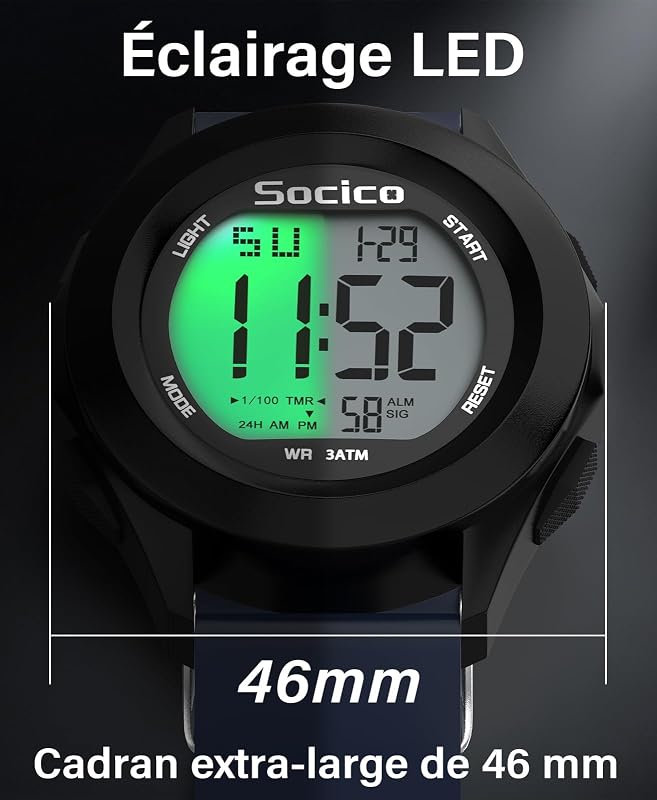 Montre Numérique de Sport Militaire pour Homme, Étanche Chronographe d'extérieur avec éclairage LED Alarme de Date (Bleu) — photo 5 sur 7