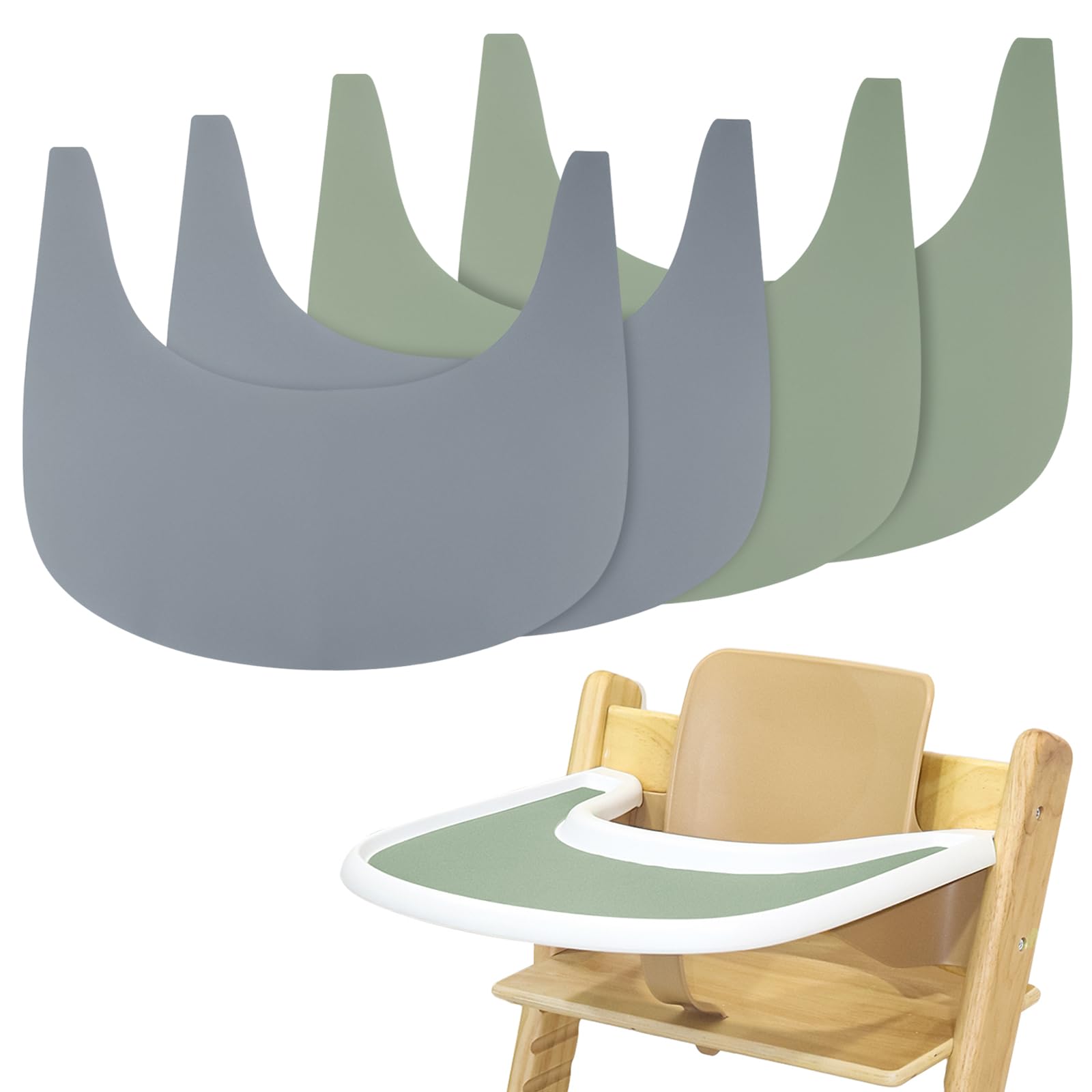 High Chair Placemat, 4 Pieces Durable High Chair Placemat Silicone, for Tripp Trapp High Chair Accessories, Suitable for Tripp Trapp High Chair Tray (Grey/Green)