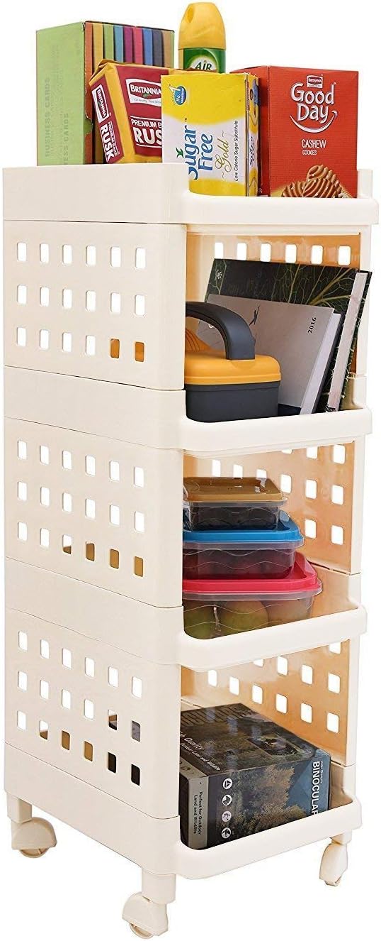 ASkyl Rectangular Space Saving Vertical Kitchen Office Living Room Bedroom Storage Organizer Racks and Shelves (Off-White, Large, Height : 73.5 cm, Length : 27.5 cm, Breadth : 32.5 cm)