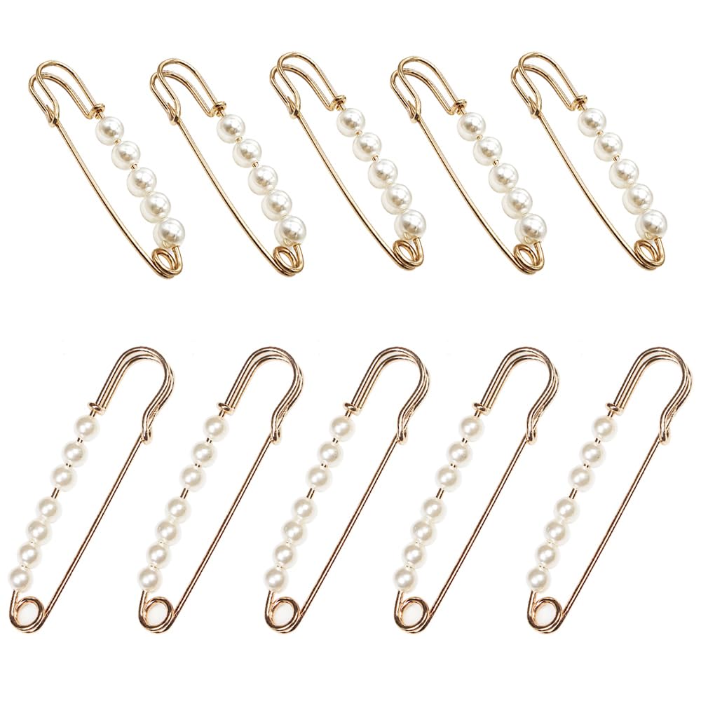 10 Pcs Fashion Safety Pins with Pearl Large Faux Pearl Safety Pin Vintage Women Brooches Pins Sweater Shawl Clip for Cardigans Pants Clothes Shirt Decoration