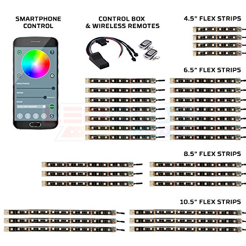 LEDGlow 30pc Advanced Million Color LED Flexible Motorcycle Lighting Strip Kit - Bluetooth-Connected Smartphone App - 312 LEDs - Waterproof Control Box - Dual Zone Control - 2 Wireless Remotes