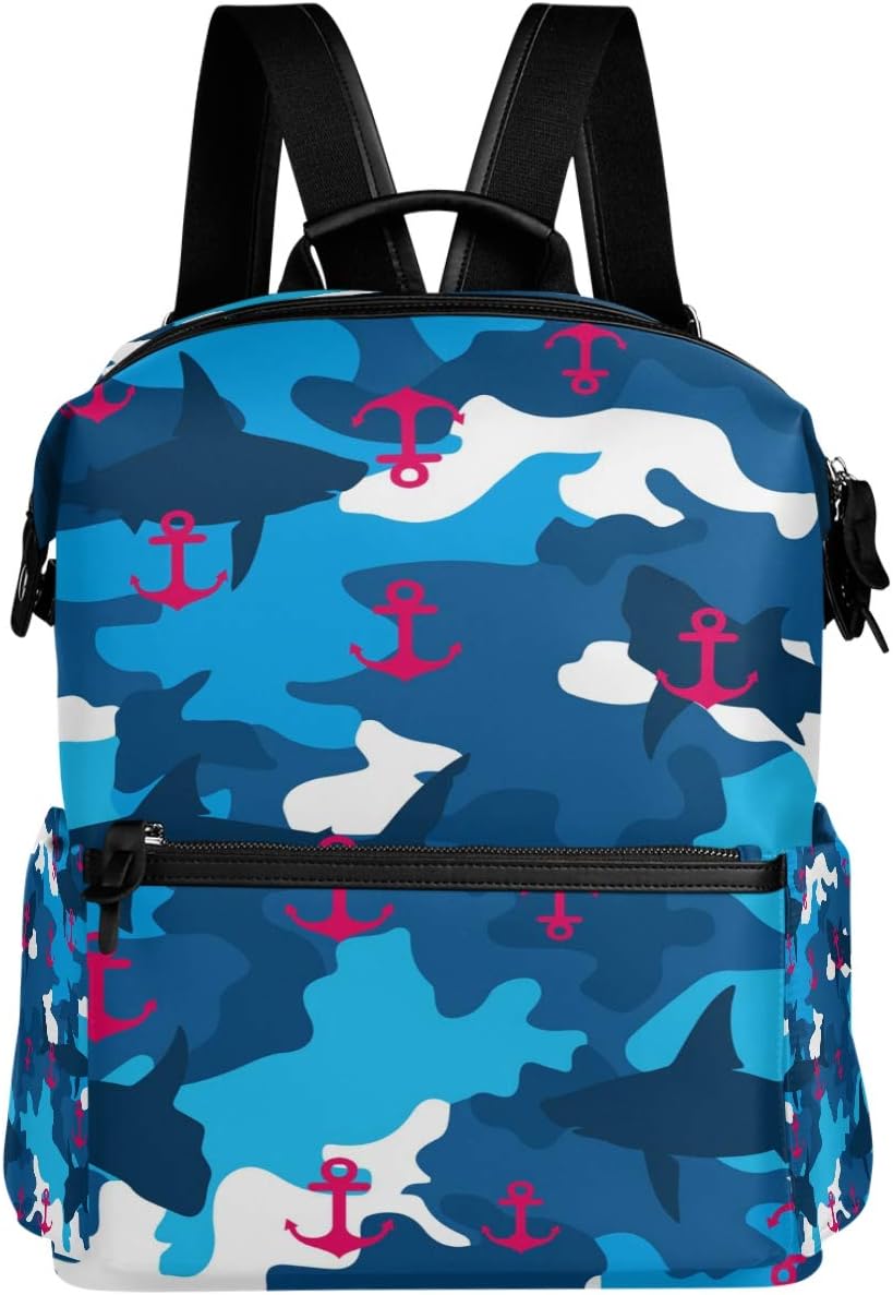 Oarencol Shark Anchor Terrain Backpack Blue Ocean Pattern School Book Bag Travel Hiking Camping Laptop Daypack