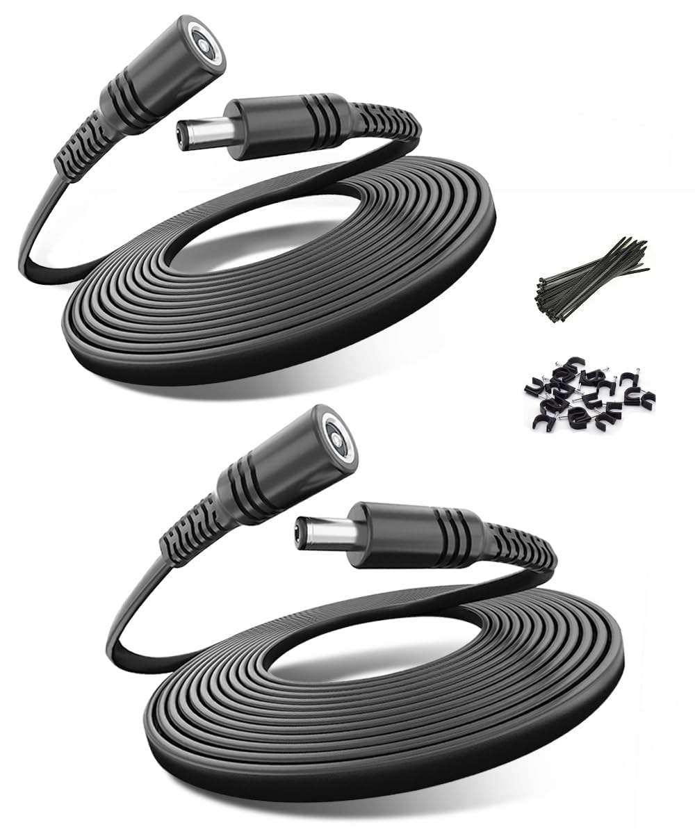 Basesailor 12V DC Extension Cable 6M/2Pack,5.5mm x 2.1mm 5521 Power Supply Adapter Long Flat Extender Cord,Female to Male Wire for Outdoor CCTV Security Camera,IP Network Camera,DVRs,20FT,5V 9Volt