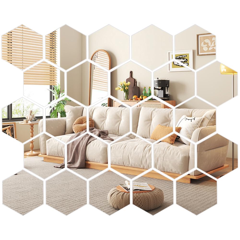 CREATCABIN 24Pcs Mirror Stickers Acrylic Hexagon Mirrors Frameless Diy Home Decor Wall Mirror Removable Mirrors for Living Room Bedroom Office Home Gym TV Background Mirror Tiles 2.51x4.33x4.96in