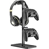 SHUOSUO Controller Holder, Headphone Stand, Gaming Controller Stand for Xbox PS5 PS4 Switch, Headset Holder with Storage Organizer, Universal Desk Game Accessories (Black)