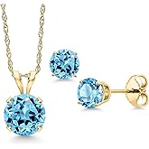 Gem Stone King 14K Yellow Gold Swiss Blue Topaz Pendant Earrings Jewelry Set For Women | 1.71 Cttw | Gemstone November Birthstone | Round 6MM | with 18 Inch Gold Chain