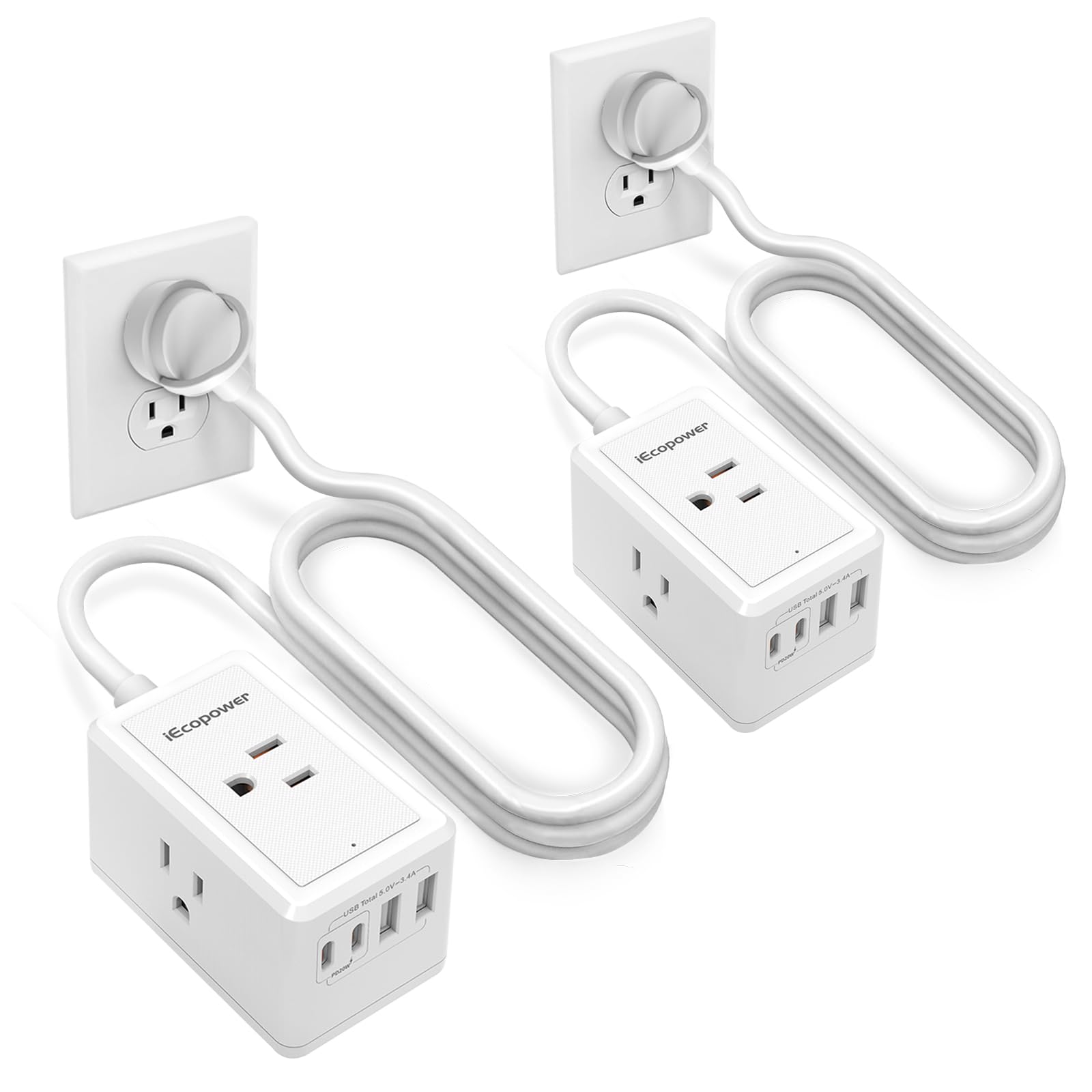 Photo 1 of 2 Pack Power Strip Surge Protector-3 Widely Spaced Outlets 4 USB Ports(2 USB C Port,PD 20W),1250W/10A with 5Ft Extension Cord, Power Strips with Surge Protection, Wall Mount for Home Office,White.