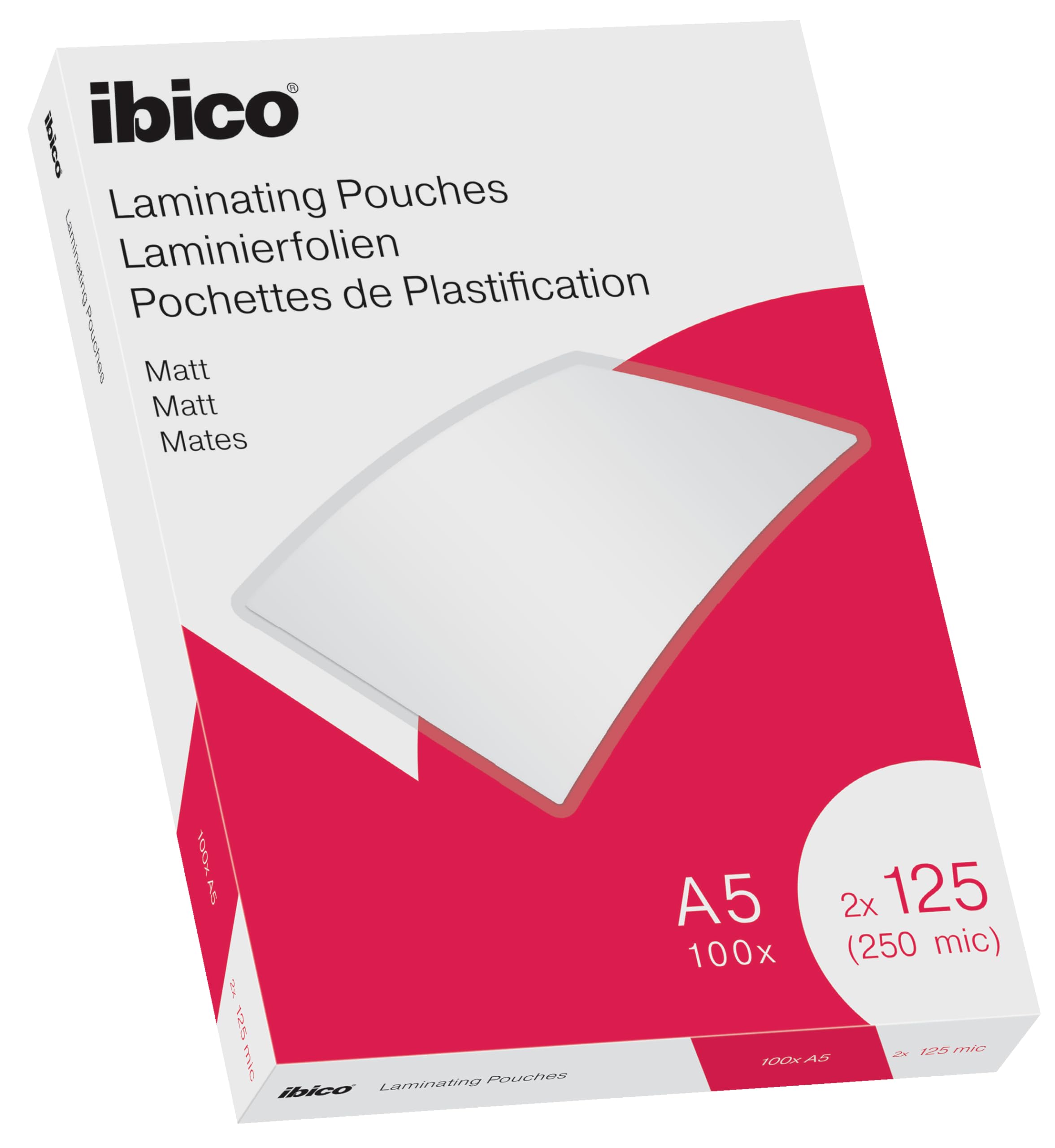 Ibico A5 Laminating Pouches, 250 Micron (2x125), High Document Protection & Durability, Pack of 100, Matt Finish, Clear, 627322