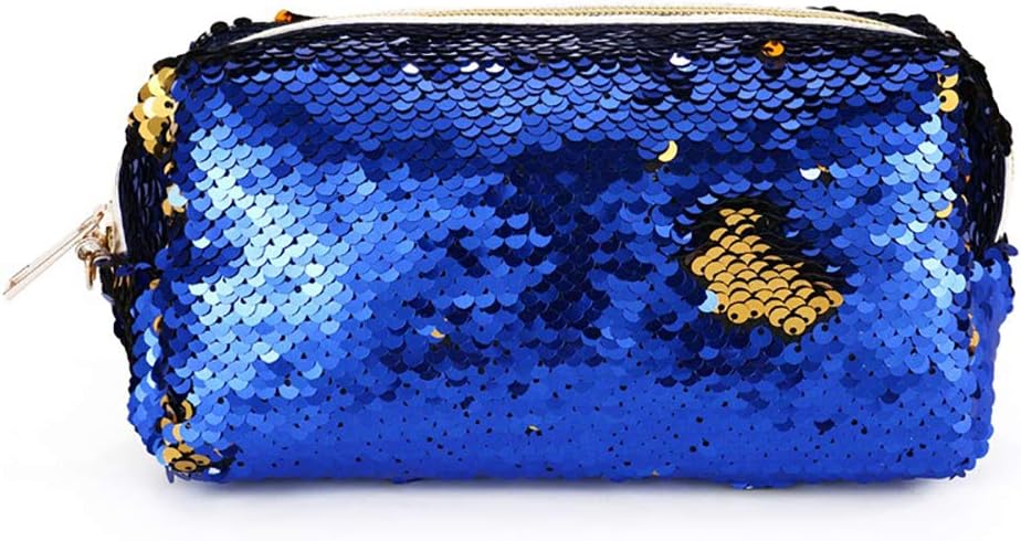 Starte Mermaid Sequin Cosmetic Bag Magic Sequins Color Changing Makeup Bags DIY Reversible Sequins Handbag Glitter Pencil Case(Blue+Gold)