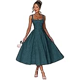 EBAKUS Floral Satin Jacquard Prom Dresses 2026 A-Line Tea Length Midi Square Neck Evening Party Gown with Pockets for Women