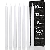 CANDWAX 10 inch White Taper Candles - Set of 12 White Candle Sticks Ideal for Christmas Decorations - Unscented Dripless Smokeless Long Burning Candlesticks - Christmas Candlesticks