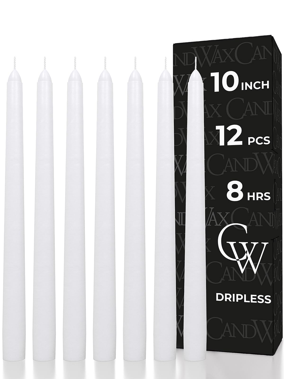 CANDWAX 25 cm White Taper Candles - Set of 12 White Candle Sticks Ideal for Christmas Decorations - Unscented Dripless Smokeless Long Burning Candlesticks - Christmas Candlesticks