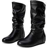 Pixoecuty US 5-13.5 Women Slouch Mid Calf Flat Boots Wedge Low Heel Renaissance Comfort Casual Boots Pull On