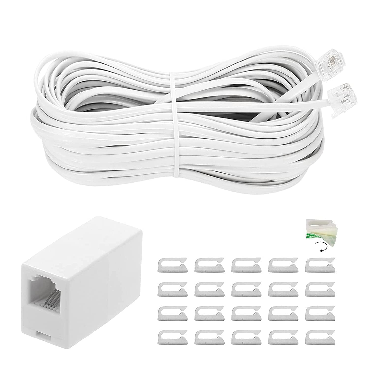 MAOZHOU Telephone Extension Cord,10 m RJ11 6P4C Telephone Connection Cable + Coupler + 20 Cable Clip,Straight Telephone Extension Line for Landline Home and Office Fax Modem Extender - White