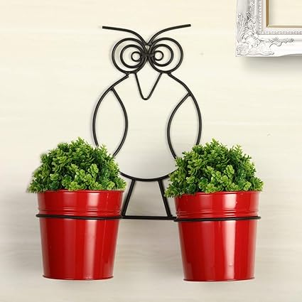 Truphe The Owl Buckets Metal Wall Planters Pot for Indoor Plants with Holder (Set of 2, Galvanized Iron) - Wall Mounted Planters with Stand Plant Containers, Balcony Decoration - Red
