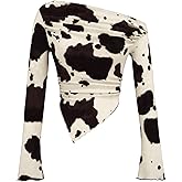 RoseSeek Women's Y2K Cow Print Bell Long Sleeve T Shirt Ruched Asymmetrical Neck Slim Fitted Tee Tops