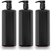 Bar5F 1-Liter BPA-Free Black Pump Bottles – Refillable PET Plastic Dispensers for Shampoo, Conditioner & Body Wash with UV Shield Gloss Finish, Heavy-Duty 3-Pack