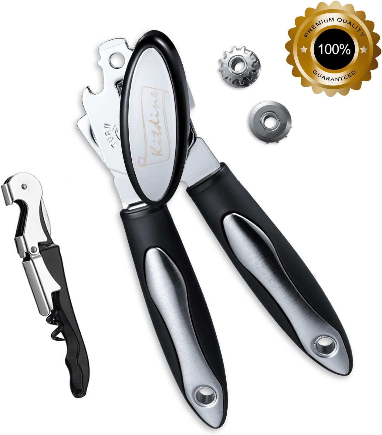 Can Opener Manual with 2 Spare Blades & Corkscrew, Professional Heavy Duty Stainless Steel - Ergonomic Anti Slip Design - Big Knob for Easy Turn - Ultra Sharp Blades - Ideal for Seniors and Women