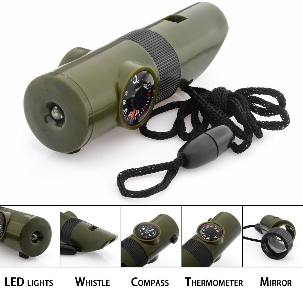 7 in 1 Emergency Survival Whistle Multi function Tool, Magnifier, Flashlight, Storage Container, Compass, Thermometer, Signaling Mirror, Great for Camping, Hiking, Hunting, Fishing, Outdoor Activities