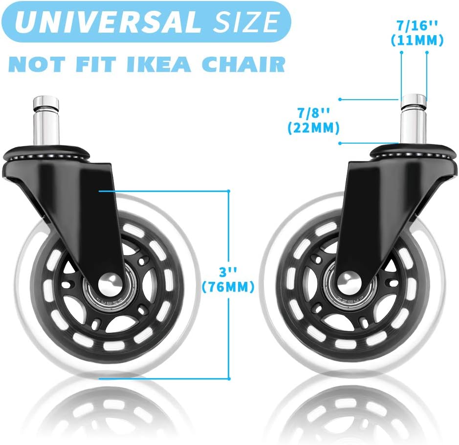 Growsland Office Chair Wheels Replacement (Set of 5) Rubber Caster Wheel Heavy Duty 3" Chair Casters for Hardwood Floors & Carpet Universal Fit 7/16" x 7/8" : Office Products