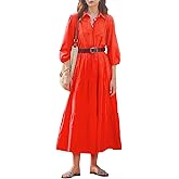 Women Button Down Maxi Shirt Dress Long Sleeve Flowy Tiered Collared Dresses with Pockets