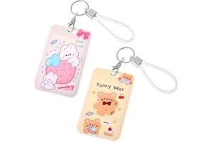 AOZUO 2pcs Kpop Photocard Holder with Keychain, Cartoon Bear Bunny ID Card Badge Holder Y2K PC Kpop Idol Bank Case Pendant Student Bus Card Protective Photo Sleeves
