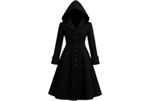 NUBUCK Women's Elegant Gothic Style Hooded Trench Coat Slim Fit Mid-Length Black Wool Blend Overcoat