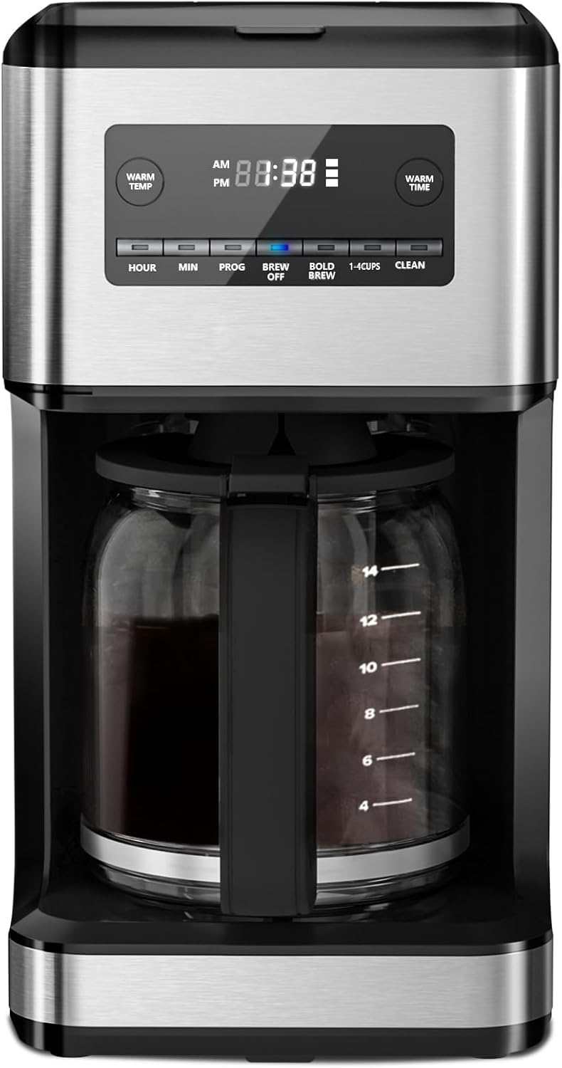 Cafetera eléctrica, cafetera de goteo programable de 14 tazas con filtro reutilizable y placa para mantener caliente, cafetera pequeña con pausa automática con cafetera grande, temporizador, autolimpieza (acero inoxidable)
