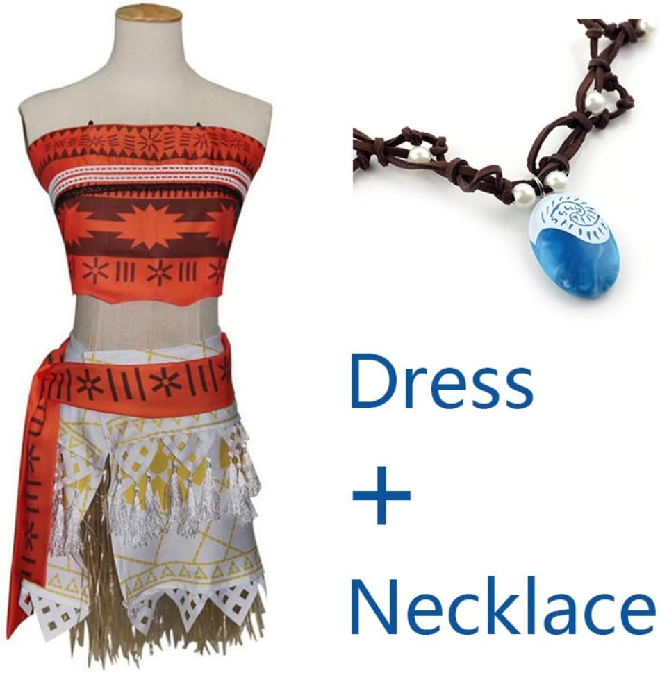Princess Moana Halloween Costume for Children Girls Kids Adult with Necklace Halloween Disney