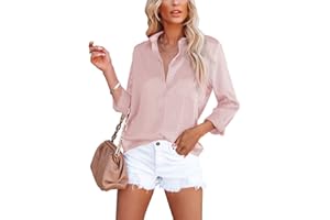 OMSJ Women's Satin Button Down Shirt V Neck Long Sleeve Casual Work Blouse Tops with Pocket