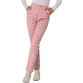 Allegra K Women's Vintage Tartan Plaid Pants Elastic Waist Straight Long Trousers
