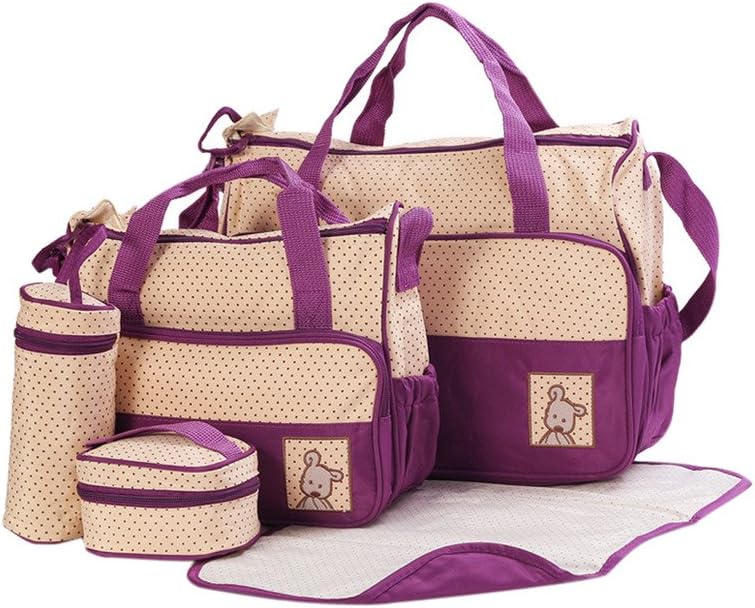 Finerolls 5PCS Multifunctional Waterproof Mummy Bag Microfiber Baby Nappy Changing Bags Set Diaper Hospital Bag (Purple)