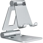 Nulaxy Full Aluminum Dual Folding Cell Phone Stand for Desk, Silver | Height Angle Adjustable, Portable, Anti-Slip Base, Fits 18mm Thick Case Smartphone, Nintendo Switch Desk Essential Accessory