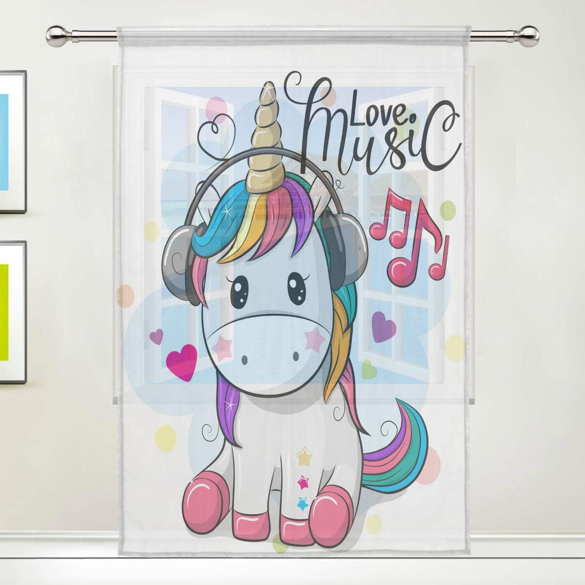 ISAOA Tulle Sheer Curtain,Unicorn With Headphones Window Curtain for Living Room/Bedroom Window Home Fashion & Decoration, Single panel, 52 x 84 Inches