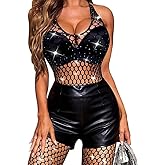 RSLOVE Womens Lingerie Fishnet Bodystocking Sparkle Rhinestone Mesh Tights One Piece Teddy Lingerie