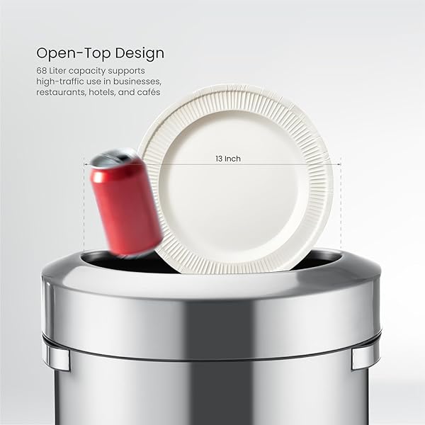 HOME ZONE LIVING 18 GALLON OPEN TOP TRASH CAN FOR COMMERCIAL AND OFFICE USE, SEMI-ROUND FLAT BACK DESIGN, SILVER, 68 LITERS