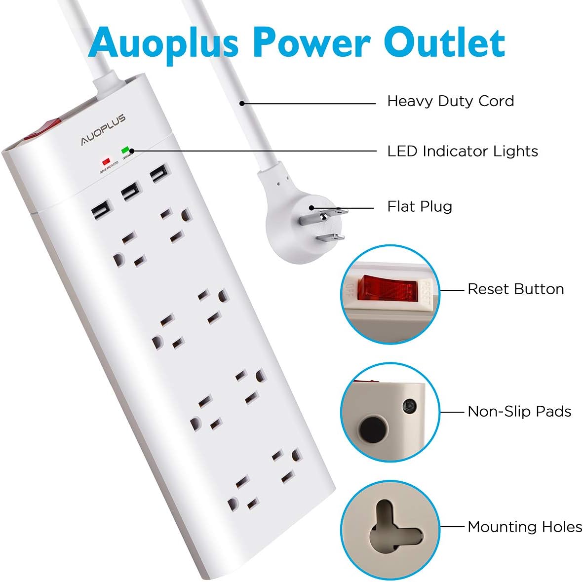 Power Strip with USB, AUOPLUS Grounded Surge Protector with 8 Outlets and 3 USB Ports[Flat Plug/Wall Mountable] 6FT Extension Cord, Desktop Charging Station for Computer Laptops Smartphone Home Office: Electronics