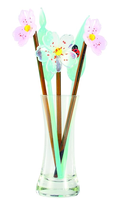 New Hand Blown Glass Cherry Blossom Flowers Leaves Set With Vase