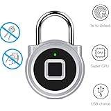 Fingerprint Padlock Portable Mini Keyless Lock High Security Anti-Theft IP65Waterproof USB Charging Lock for Door,School,Gym Locker, Storage Units, Suitcase, Bag, Bike (Silver)