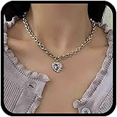 Allereyae Vintage Purple Crystal Heart Necklace Silver Paperclip Chain Gemstone Heart Choker Cz Love Pendent Necklace Jewelry for Women