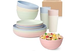 16 Pieces Bowl Set Tablewares, Wheat Straw Plates, Lightweight Degradable Dinner Plates Sets,Bowls, Cups, Tablewares Set, Dis